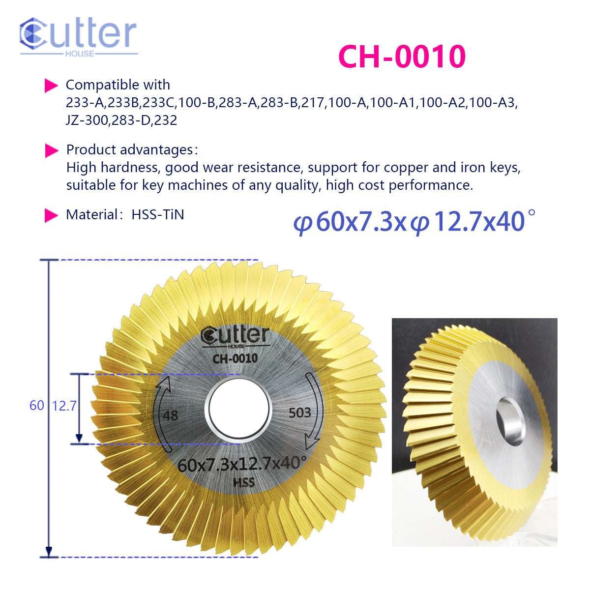 0010 φ60x7.3xφ12.7x40° HSS-TiN Angle Milling Cutter compatible with WENXING