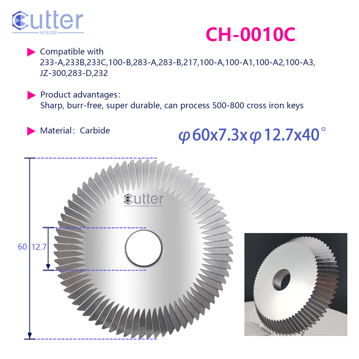 0010 φ60x7.3xφ12.7x40° Carbide Angle Milling Cutter compatible with WENXING