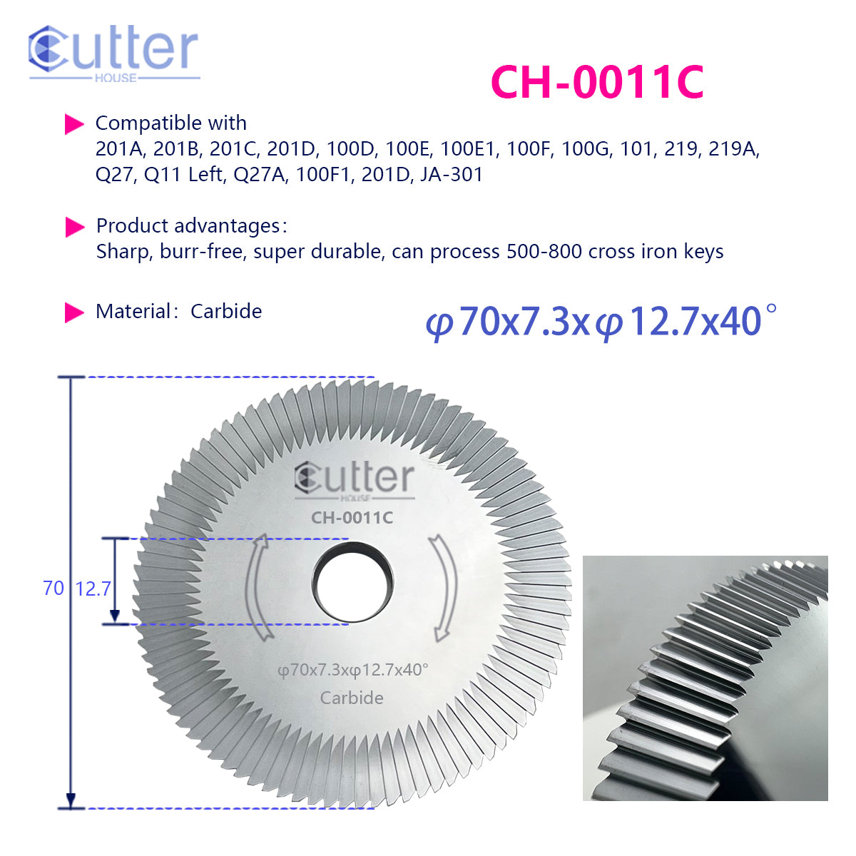 0011 φ70x7.3xφ12.7x45° Carbide Angle Milling Cutter compatible with WENXING