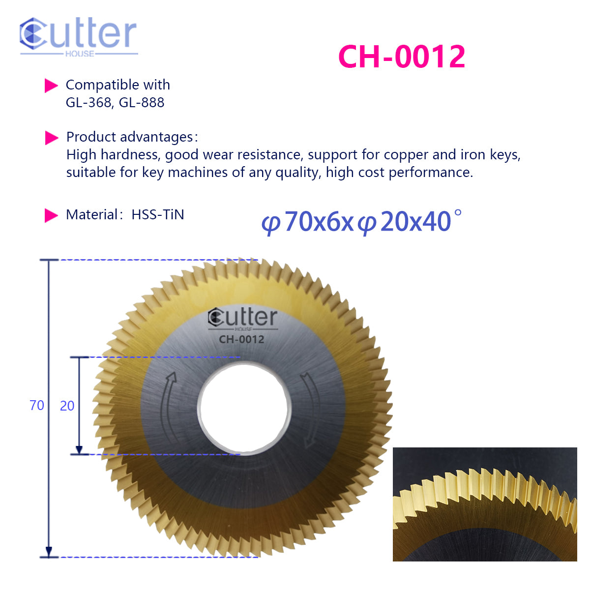 0012 φ70x6xφ20x40° HSS-TiN Angle Milling Cutter compatible with GLADAID