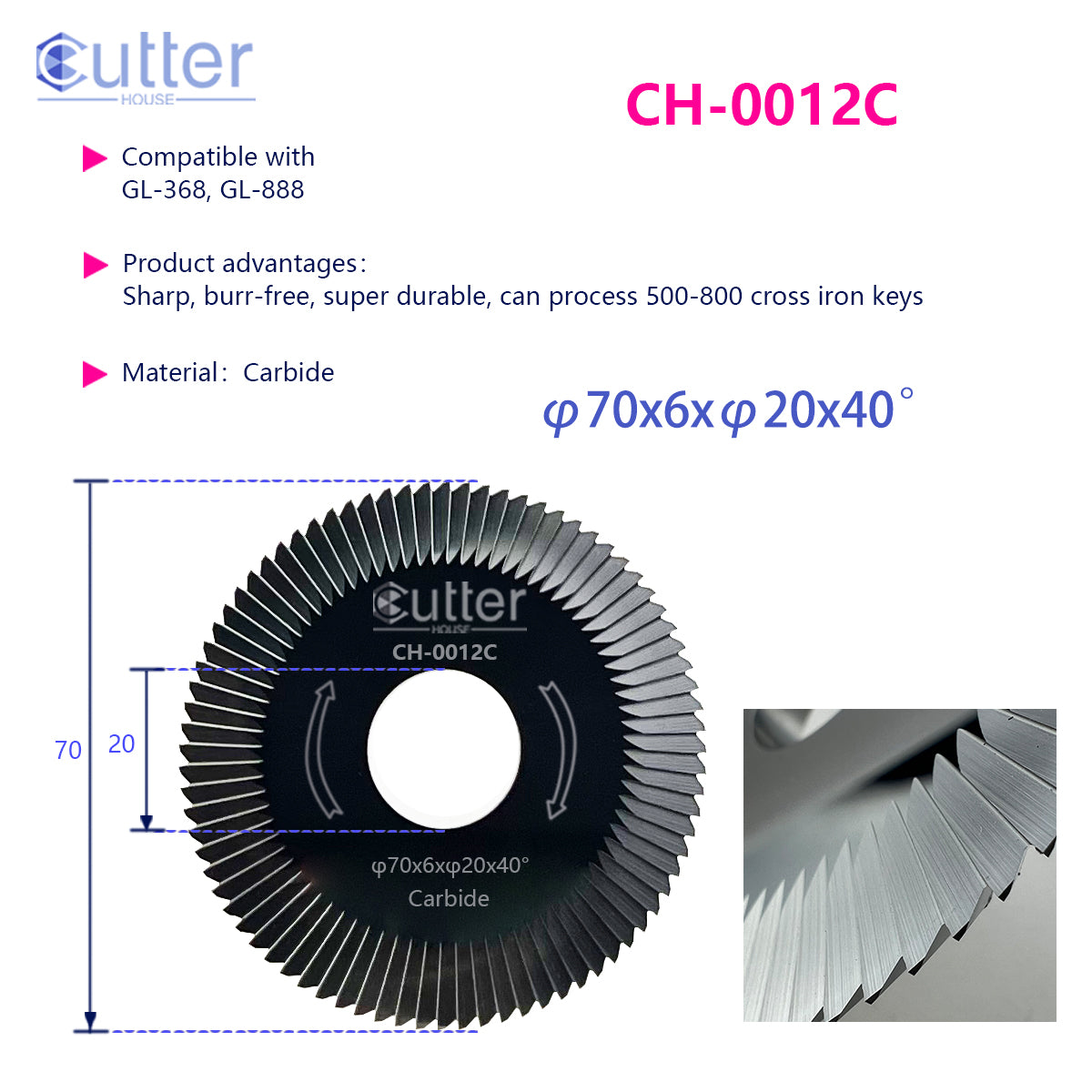 0012 φ70x6xφ20x40° compatible with GLADAID GL-368,GL-888 - Angle Milling Cutter