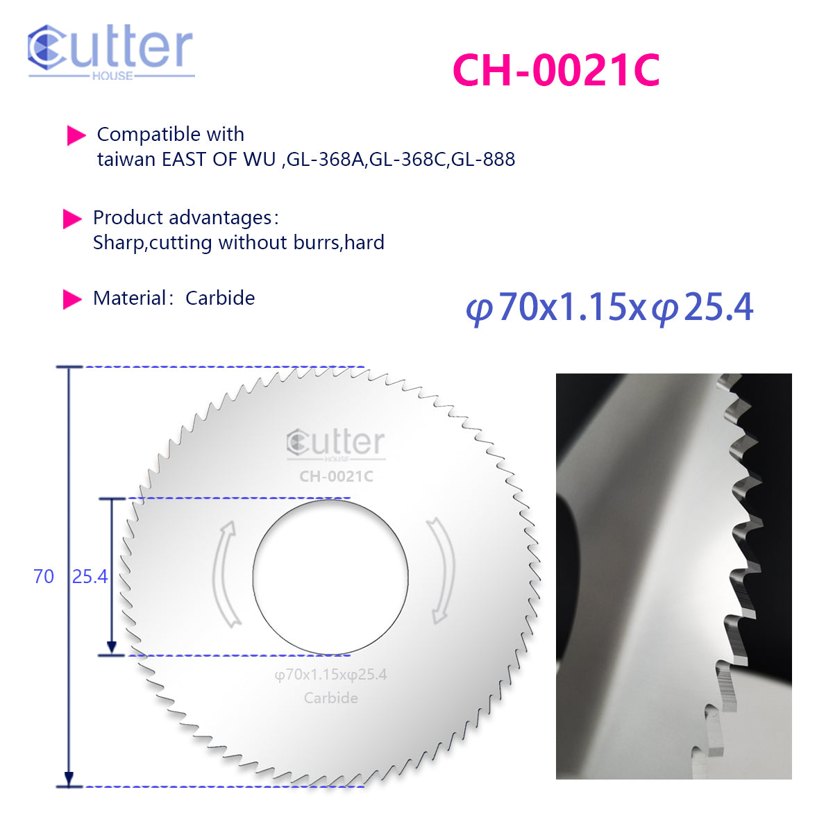 0021 φ70x1.15xφ25.4 Carbide Flat Slotter compatible with GLADAID / +-×÷