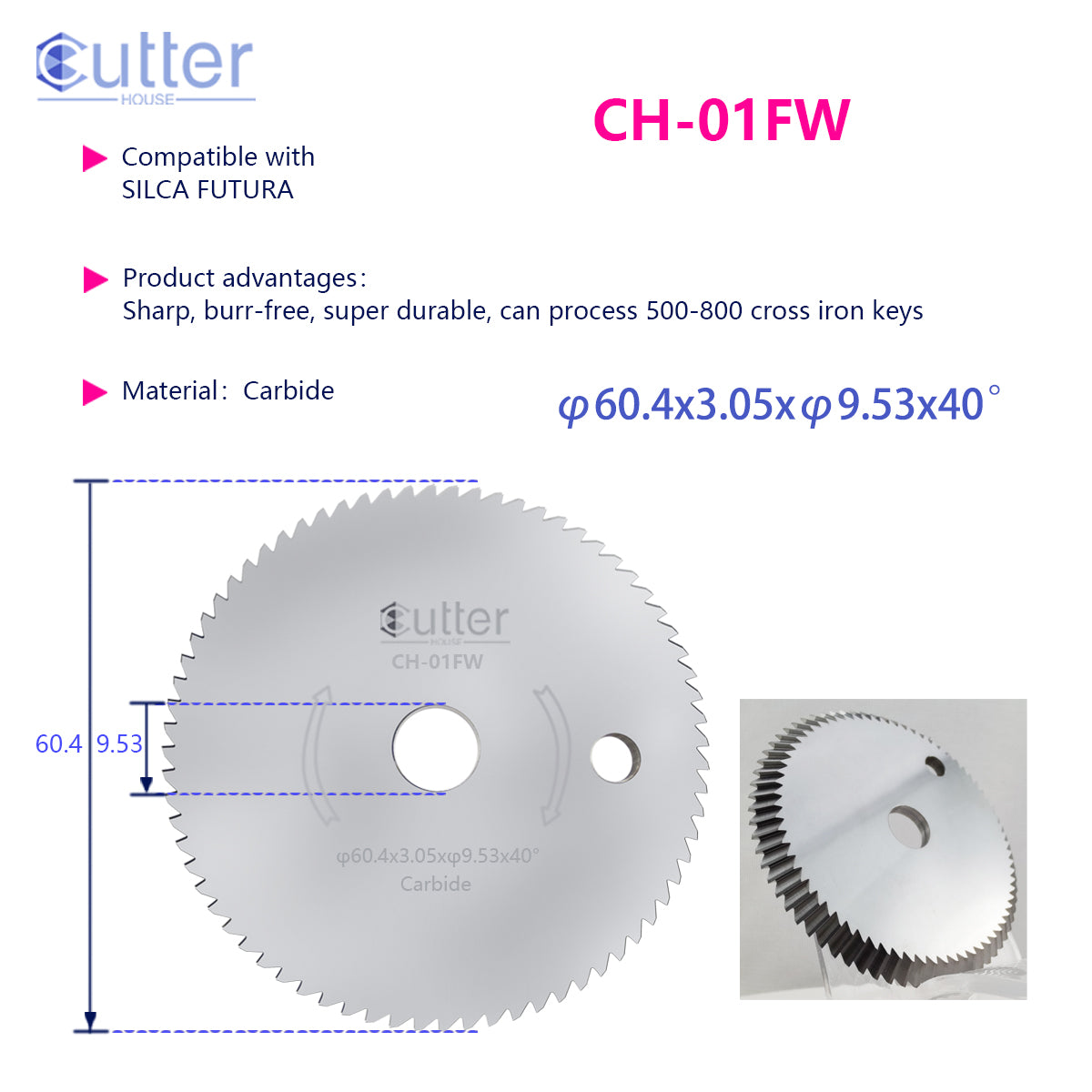 01F φ60.4x3.05xφ9.525x40° Carbide Angle Milling Cutter compatible with SILCA FUTURA