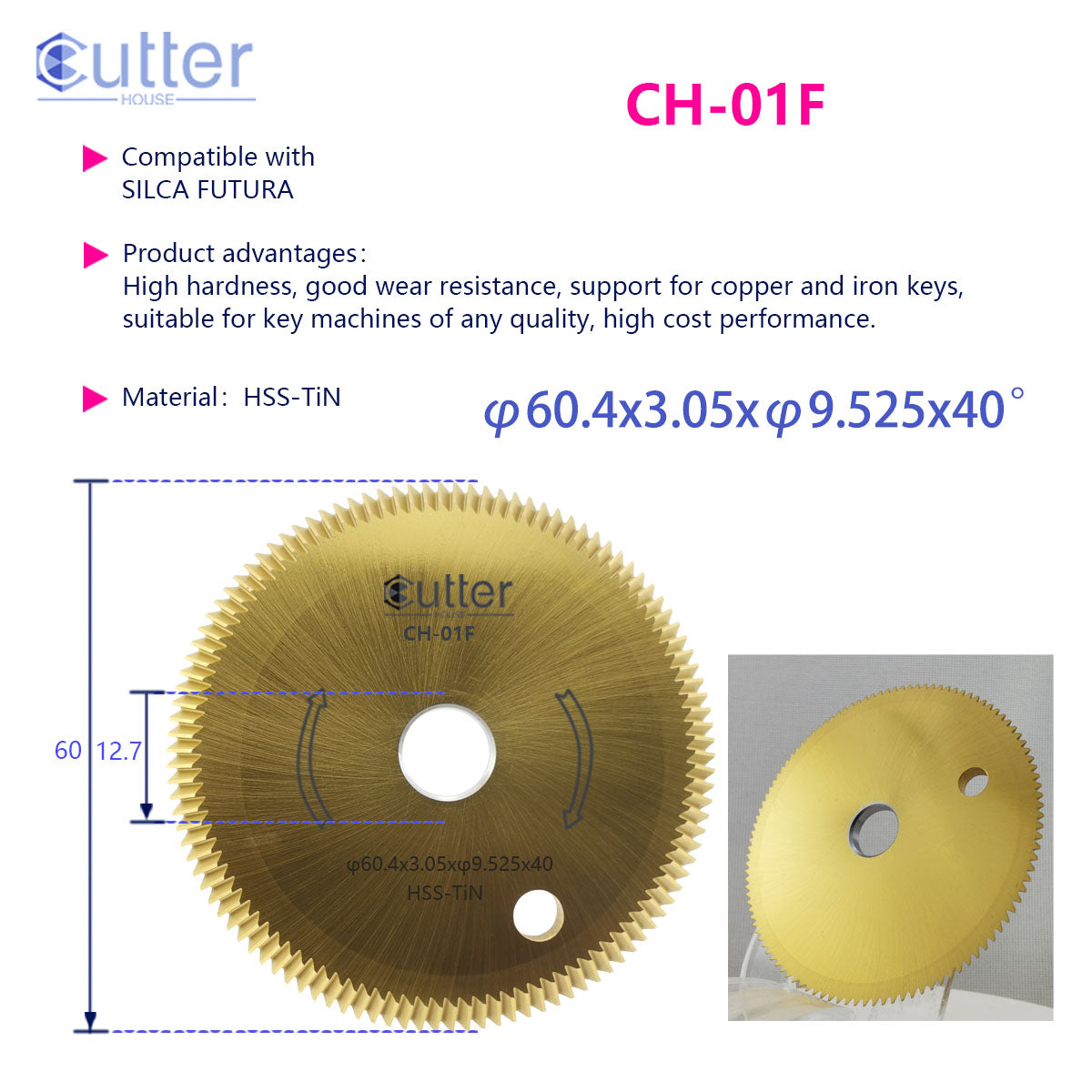 01F φ60.4x3.05xφ9.525x40° HSS-TiN Angle Milling Cutter compatible with SILCA FUTURA
