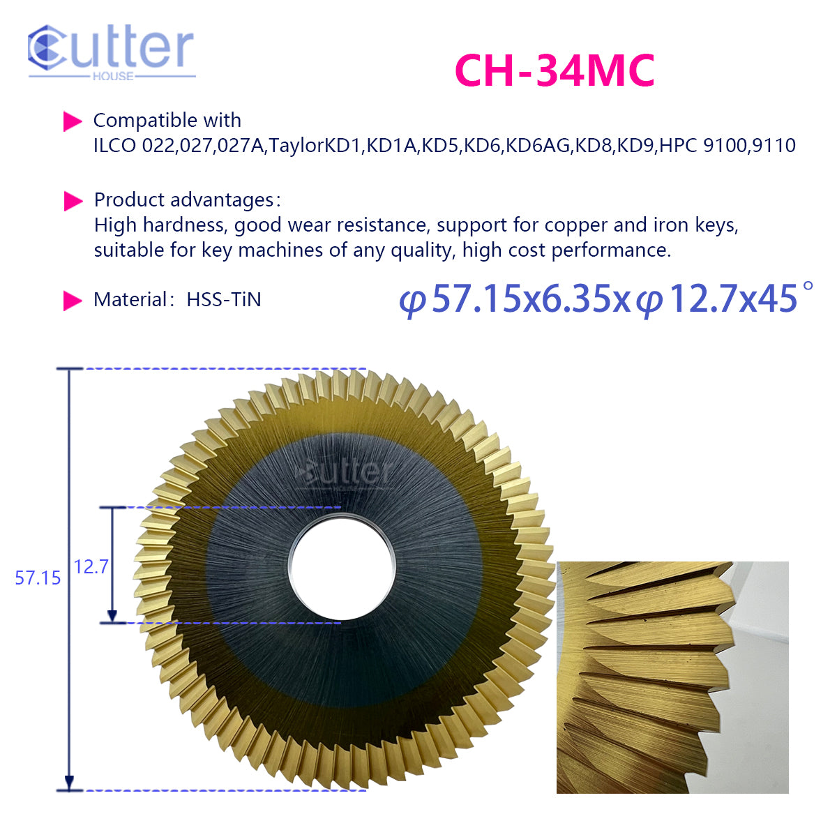 34MC φ57.15x6.35xφ12.7x45° compatible with ILCO/HPC - Angle Milling Cutter