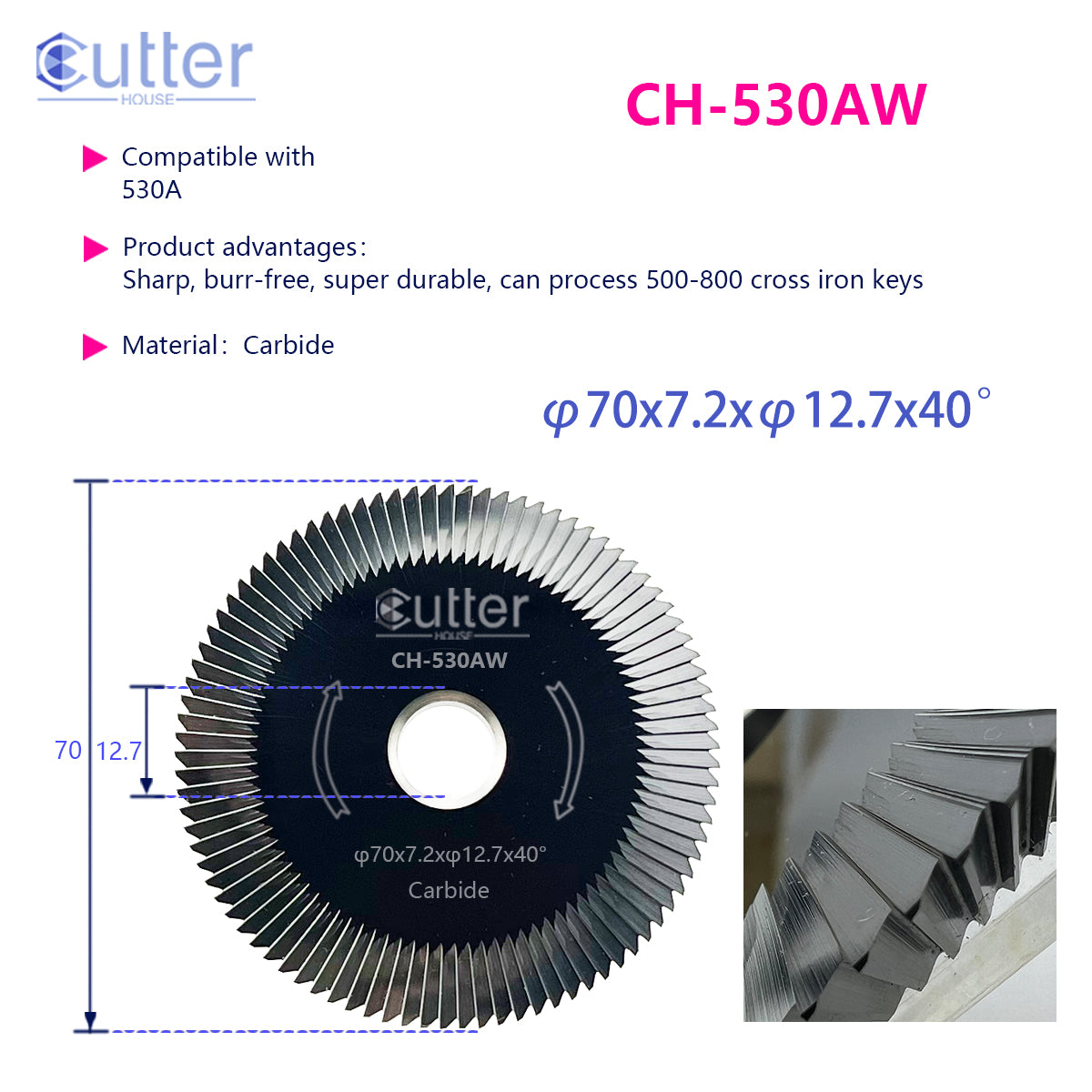 530A φ70x7.2xφ12.7x40° compatible with EAST OF WU - Angle Milling Cutter