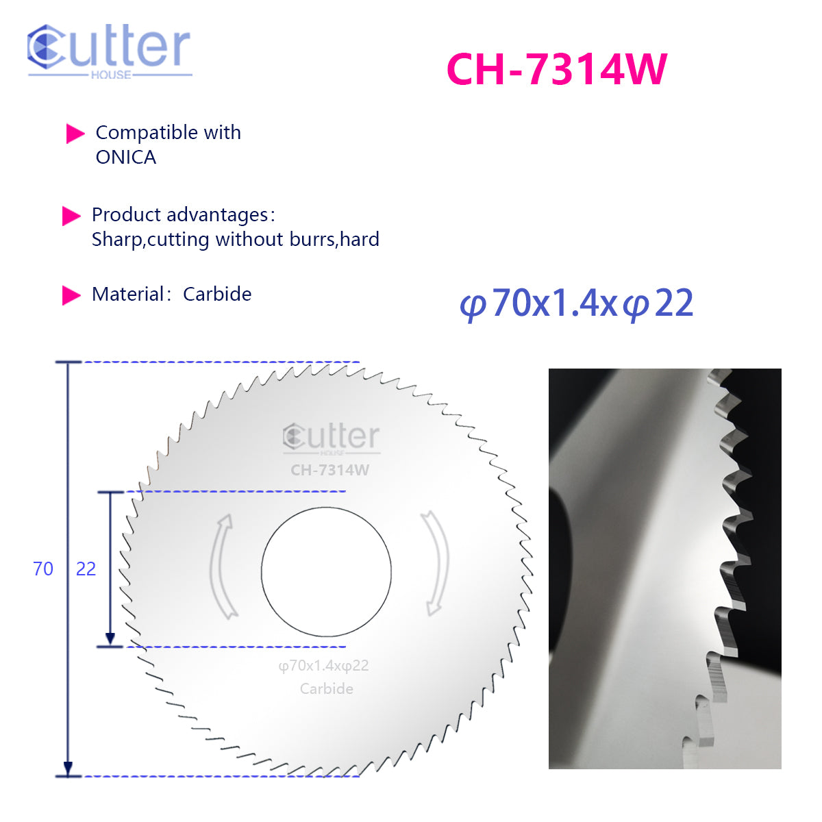 φ70x1.4xφ22 Carbide Flat Slotter compatible with ONICA
