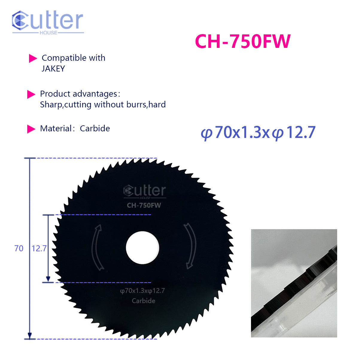 750F φ70x1.3xφ12.7 compatible with JAKEY - Side Milling Cutter/Flat Slotter