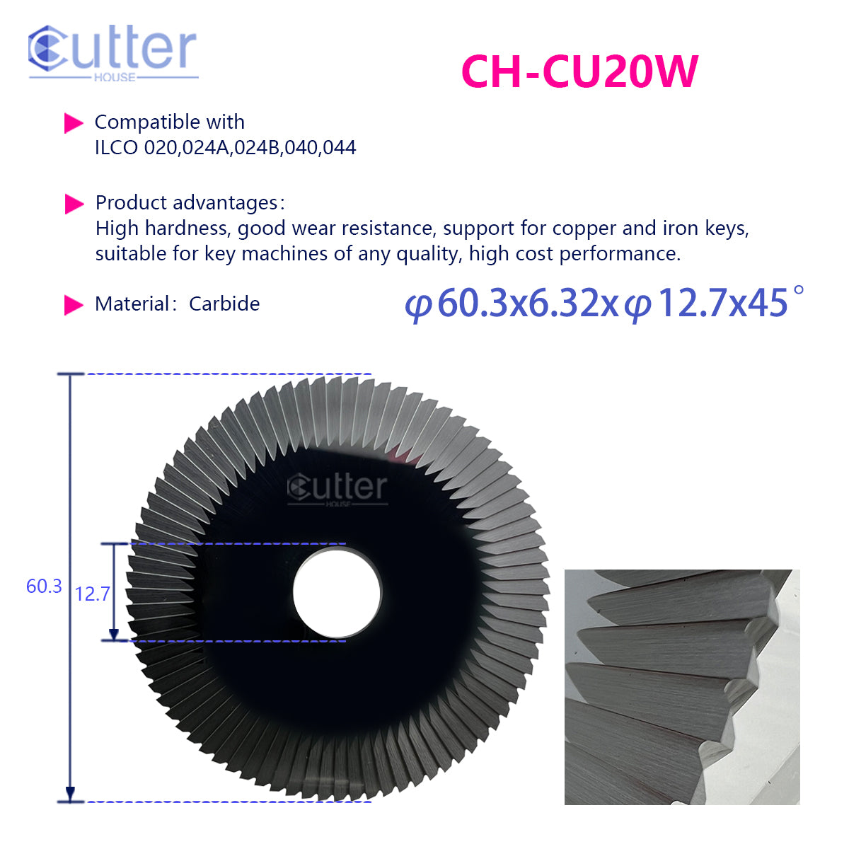 CU20 φ60.3x6.32xφ12.7x45° compatible with ILCO - Angle Milling Cutter