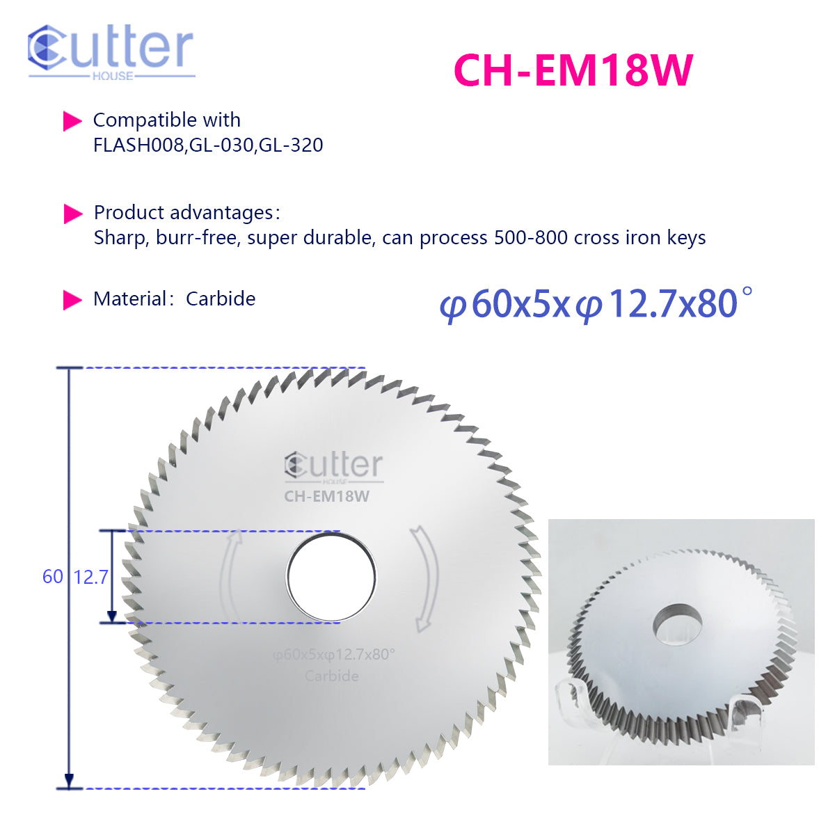 EM18 φ60x5xφ12.7x80° Carbide Angle Milling Cutter compatible with SILCA / ILCO / GLADAID