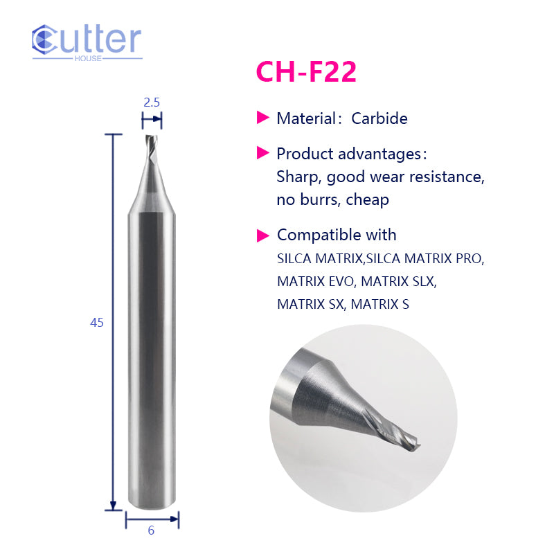 F22 φ2.5xD6x45Lx2F Carbide Laser Cutter compatible with SILCA MATRIX