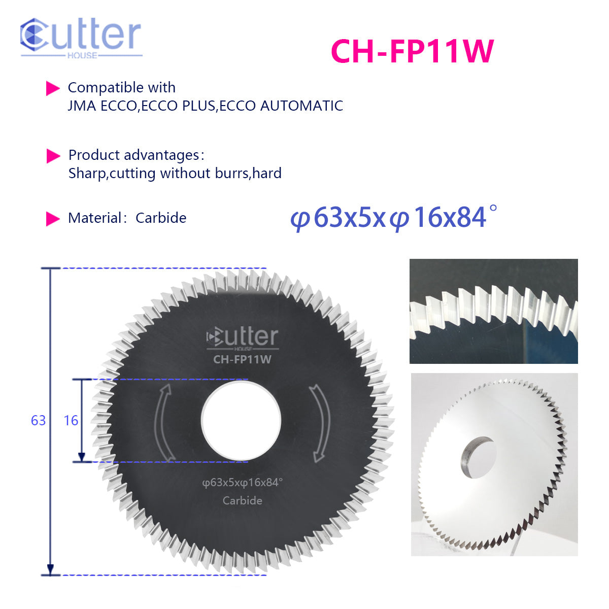 FP11 φ63x5xφ16x84° Carbide Angle Milling Cutter compatible with JMA