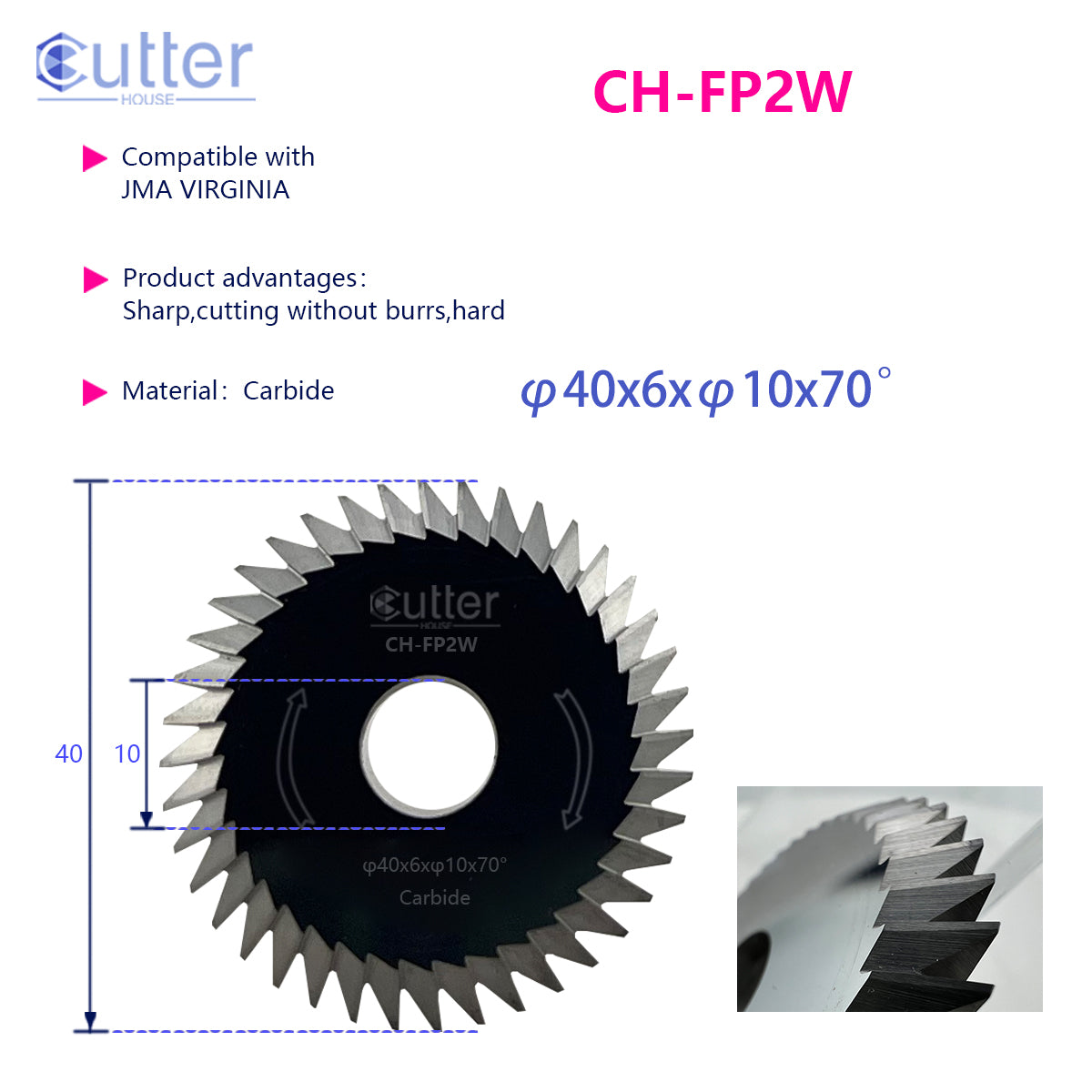 FP2 φ40x6xφ10x70° Carbide Angle Milling Cutter compatible with JMA