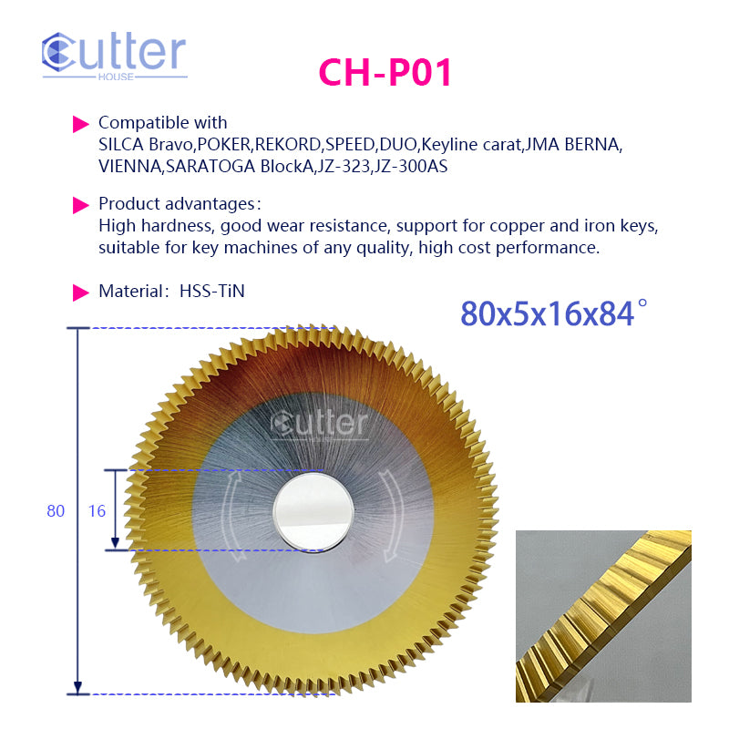 P01 φ80x5xφ16x84° HSS-TiN Angle Milling Cutter compatible with SILCA / Keyline / JMA