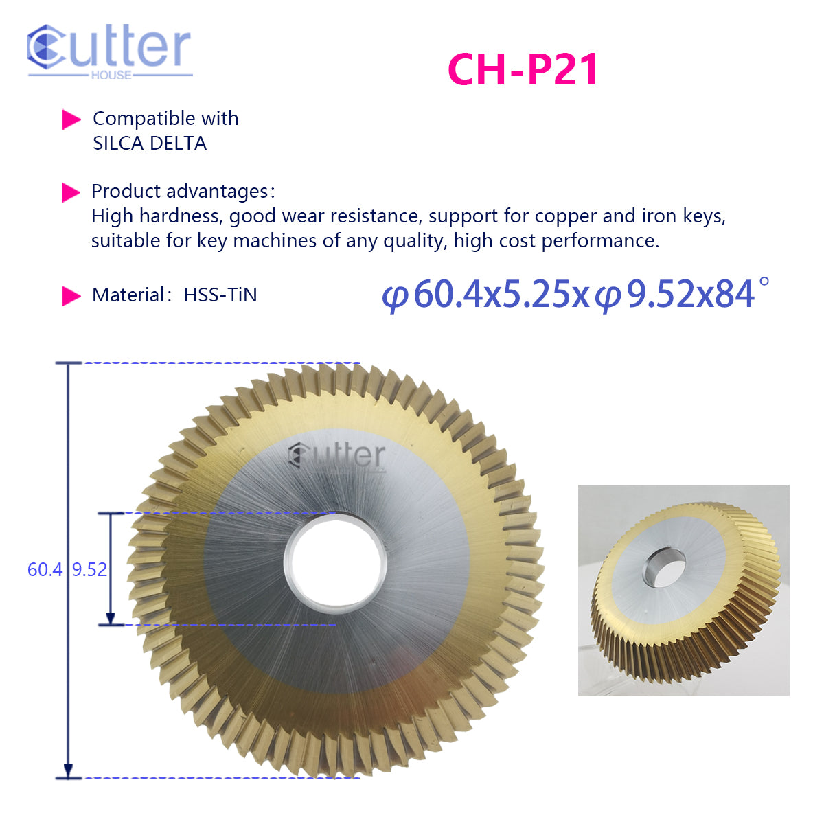 P21 φ60.4x5.25xφ9.52x84° HSS-TiN Angle Milling Cutter compatible with SILCA DELTA