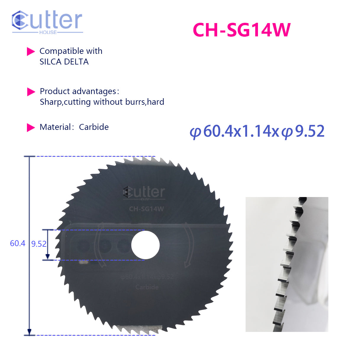 SG14 φ60.4x1.14xφ9.53 Carbide Flat Slotter compatible with SILCA DELTA