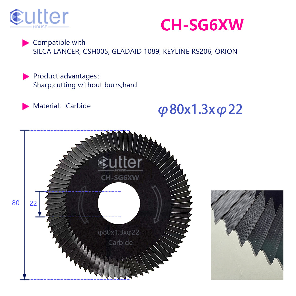 SG6 φ80x1.3xφ22 Carbide Side Milling Cutter compatible with SILCA