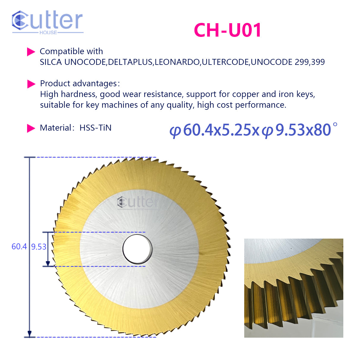 U01 φ60.4x5.25xφ9.53x80° compatible with SILCA UNOCODE - Angle Milling Cutter