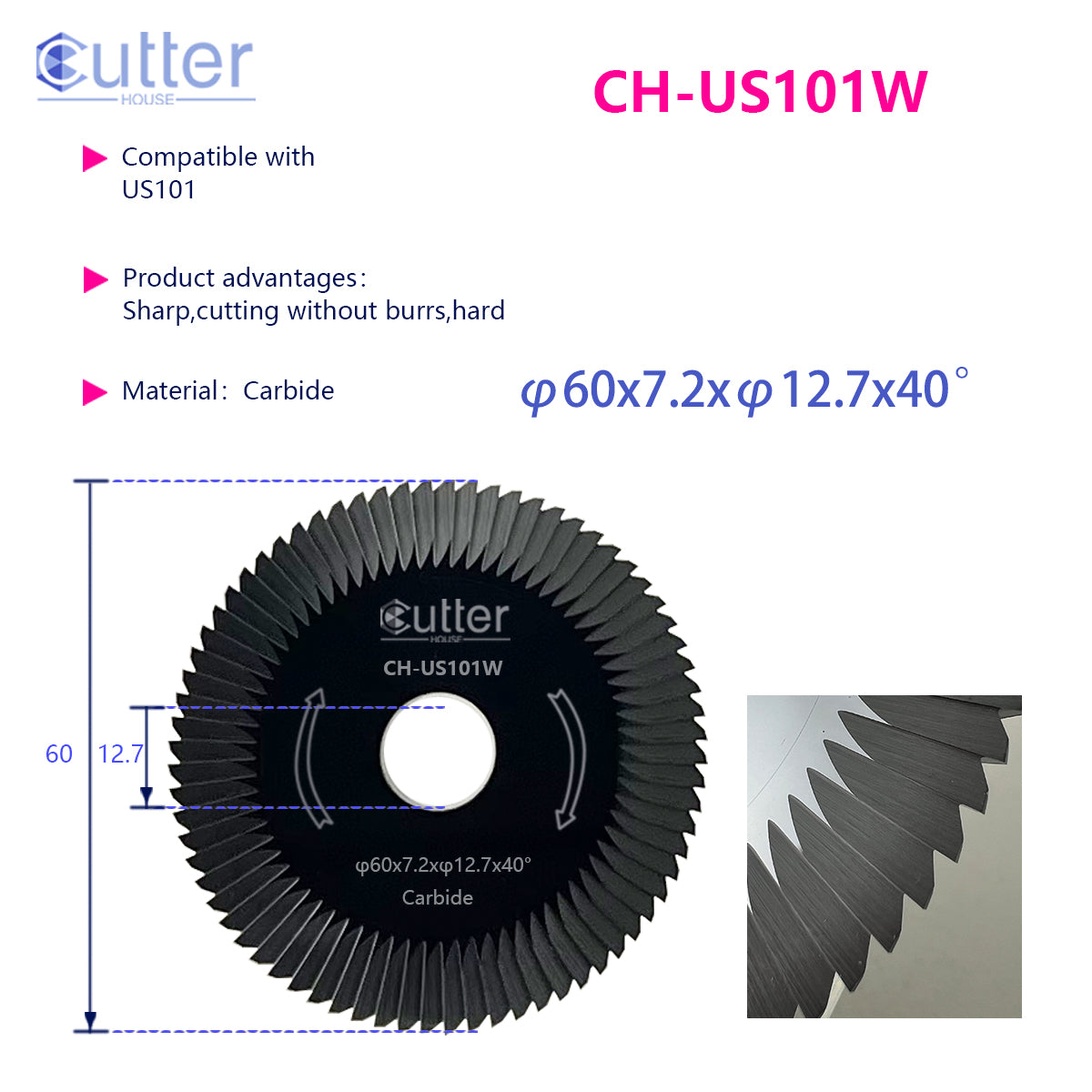 US101 φ60x7.2xφ12.7x40° compatible with US101 - Angle Milling Cutter