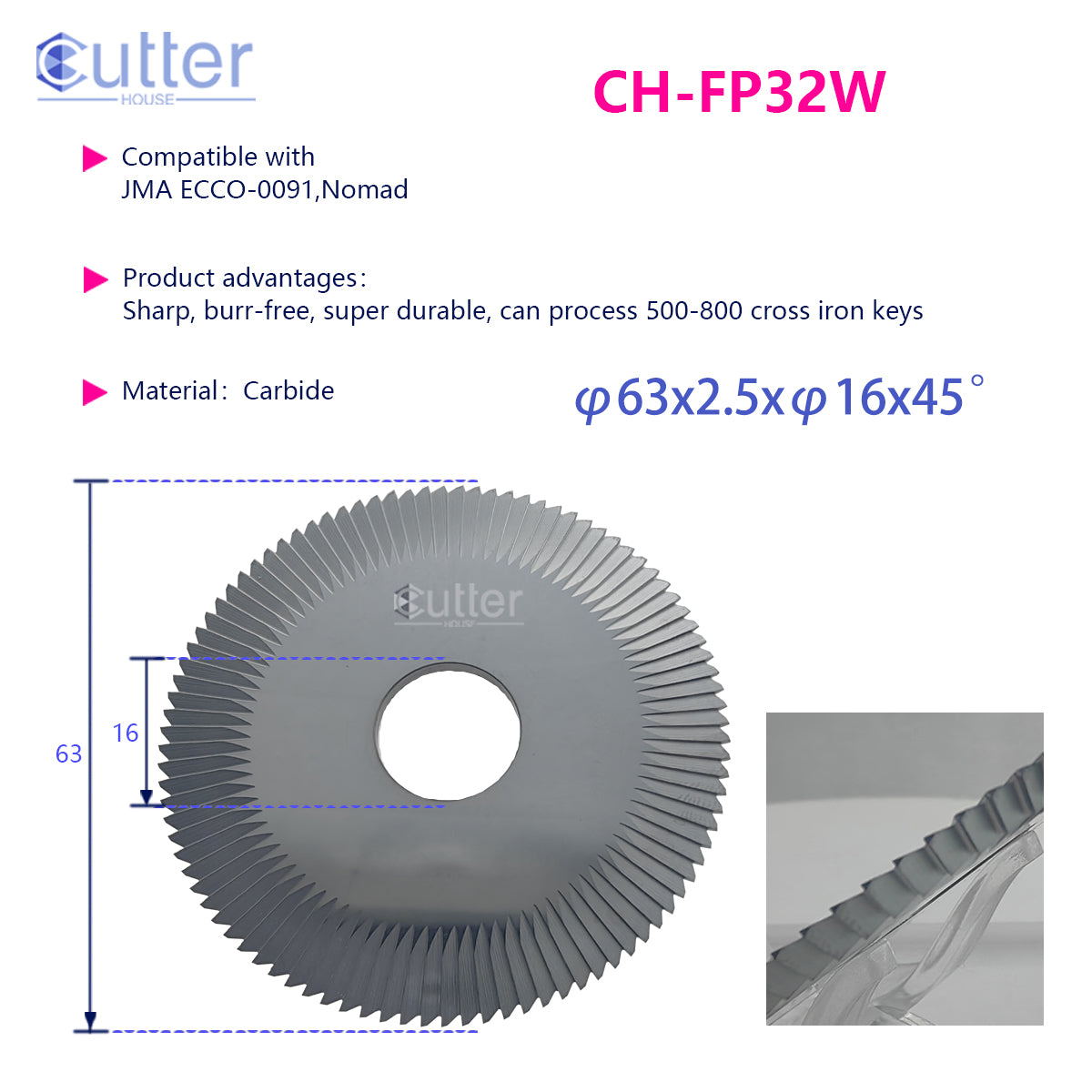 FP32 φ63x2.5xφ16x45° Carbide Angle Milling Cutter compatible with JMA