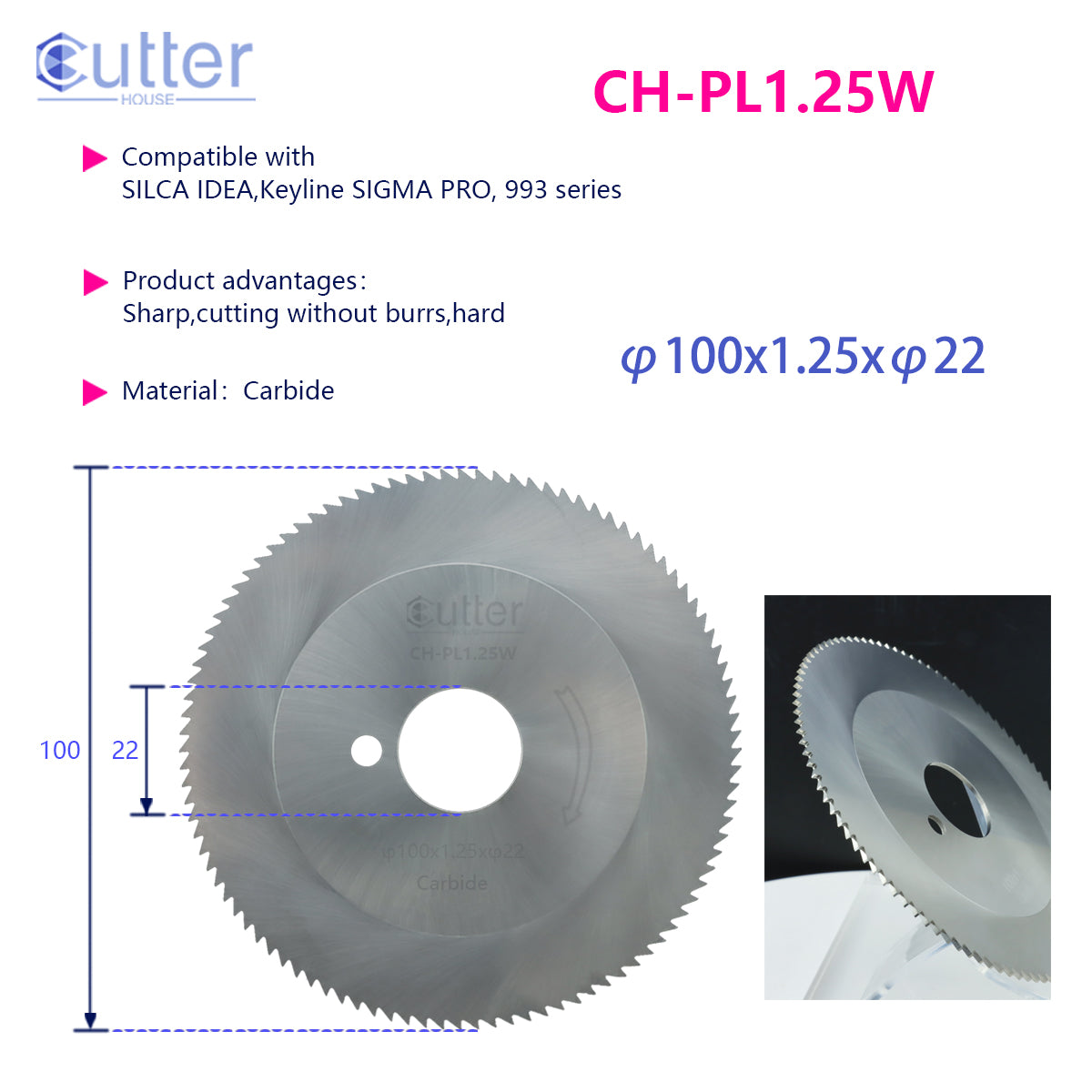 PL1.25 φ100x1.25xφ22 Carbide Flat Slotter compatible with SILCA / Keyline
