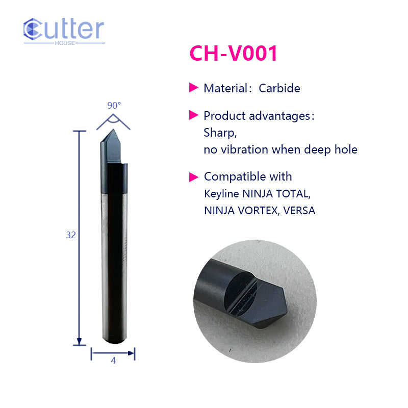 V001 D4x90°x32Lx1T-0.4 Carbide Dimple Cutter compatible with Keyline
