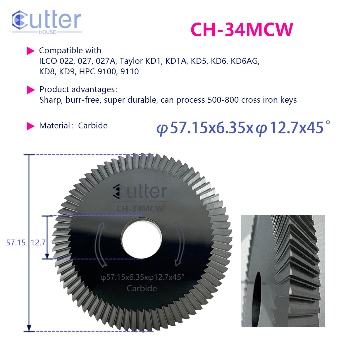 34MC φ57.15x6.35xφ12.7x45° Carbide Angle Milling Cutter compatible with ILCO / HPC