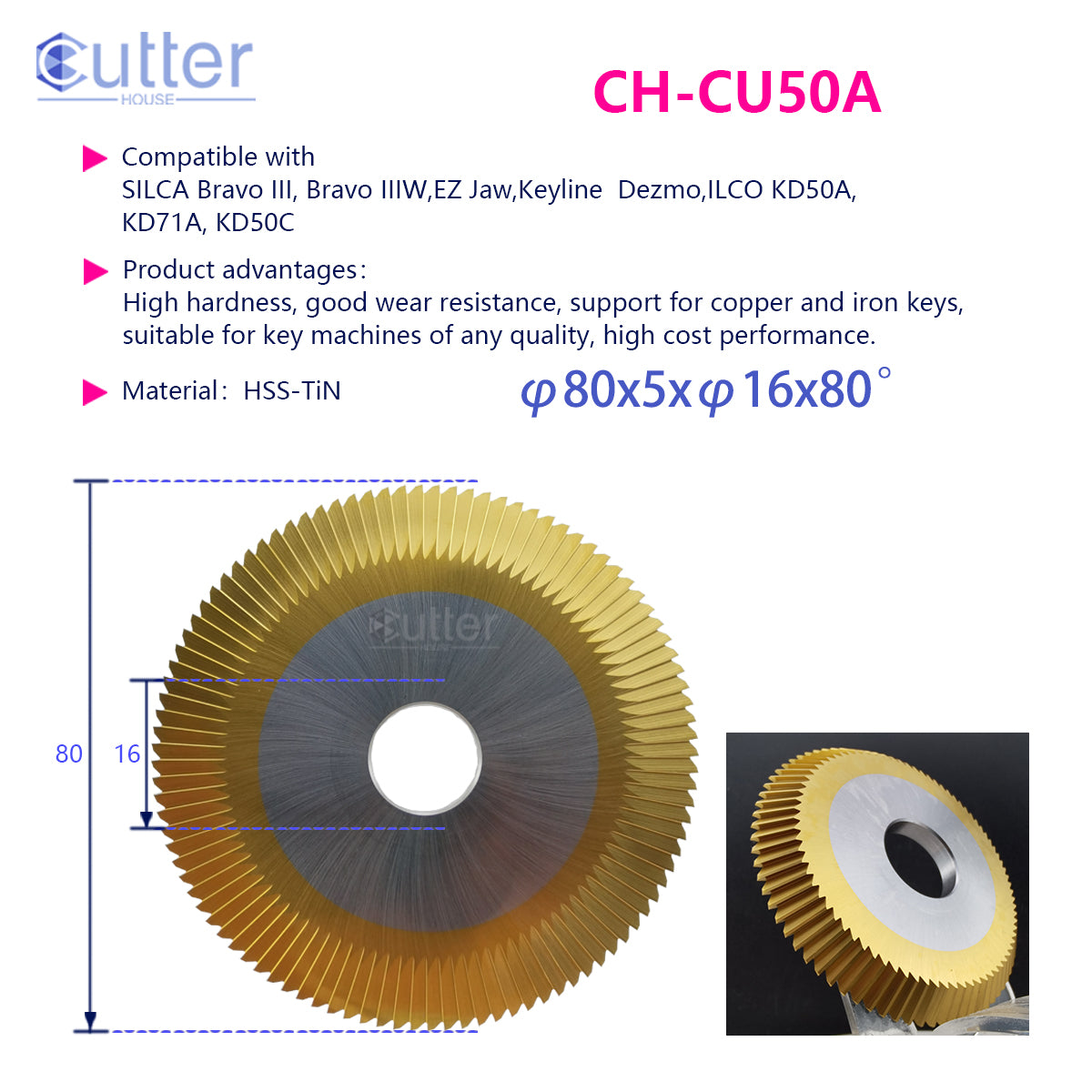 CU50A φ80x5xφ16x80° HSS-TiN Angle Milling Cutter compatible with SILCA / Keyline / ILCO