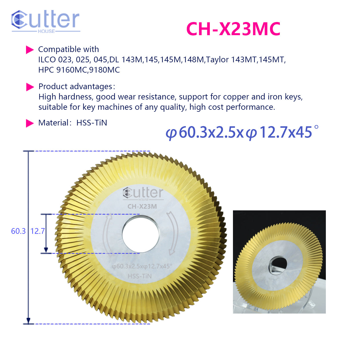 X23MC φ60.3x2.5xφ12.7x45° HSS-TiN Angle Milling Cutter compatible with ILCO / HPC