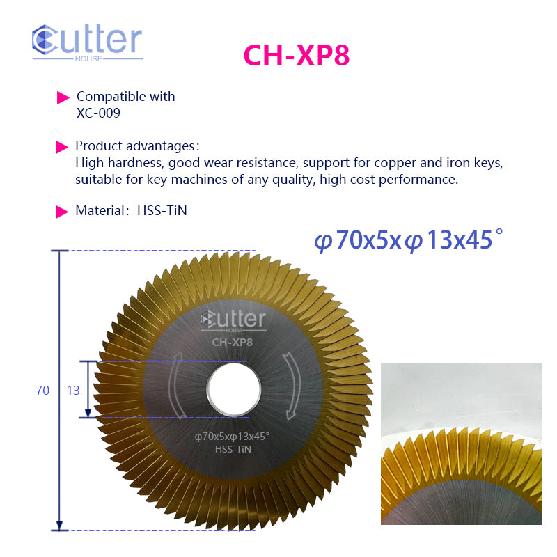 XP8 φ70x5xφ13x45° HSS-TiN Angle Milling Cutter compatible with Xhorse XC-009