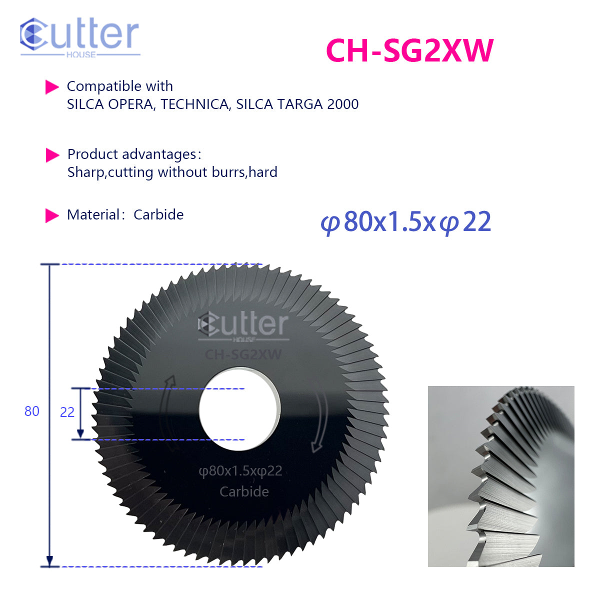 SG2 φ80x1.5xφ22 Carbide Side Milling Cutter compatible with SILCA
