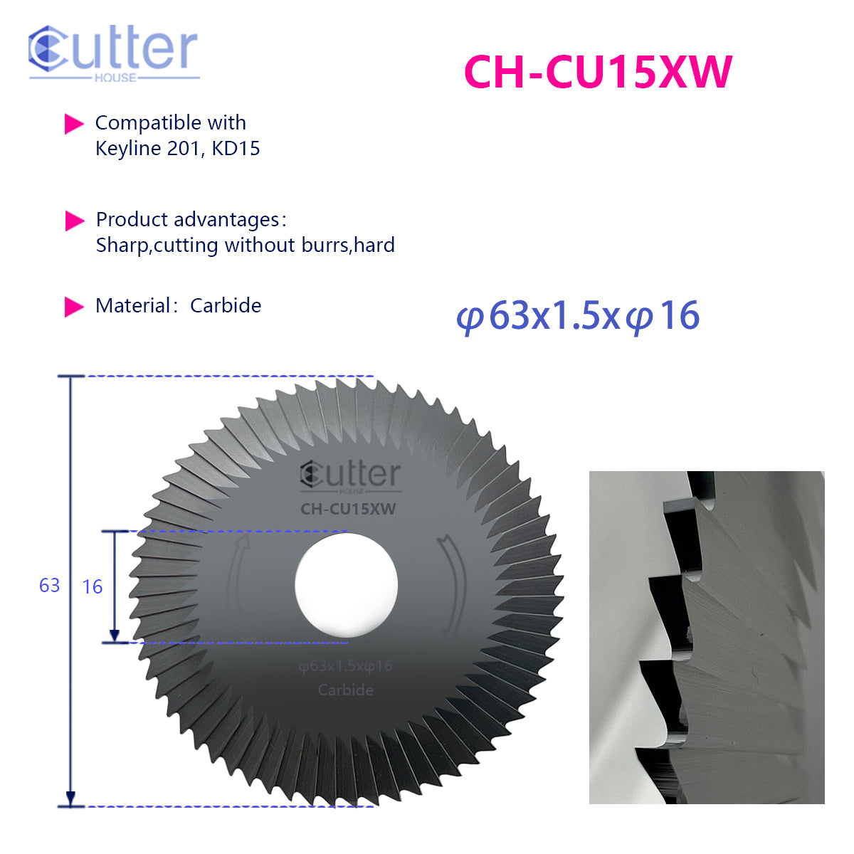 CU15 φ63x1.5xφ16 Carbide Side Milling Cutter compatible with Keyline