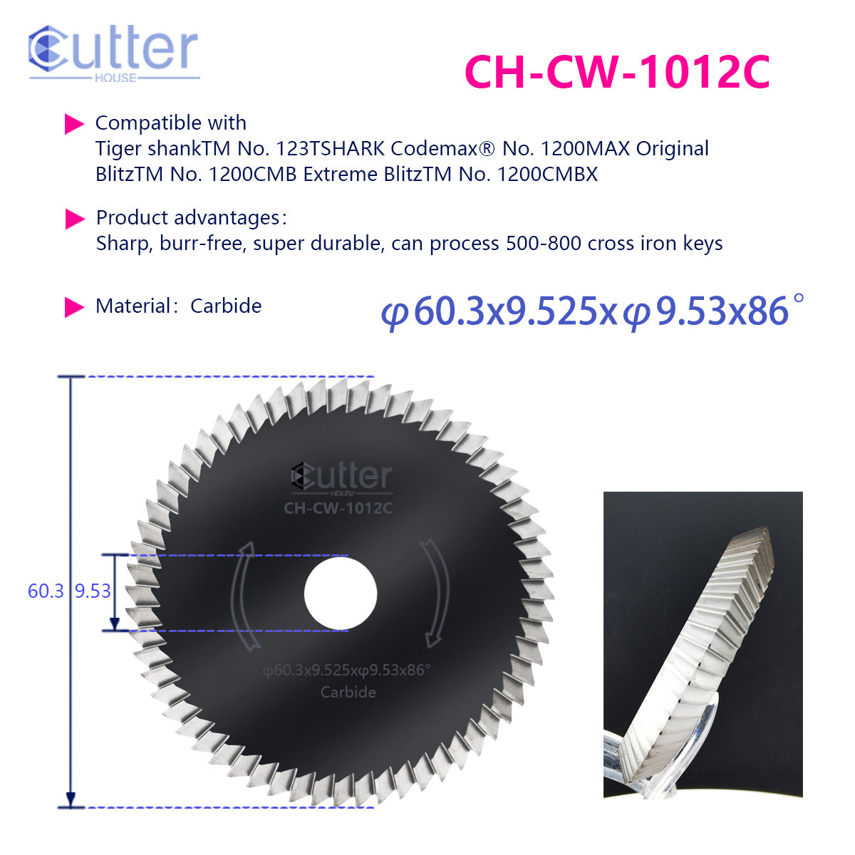 CW-1012 φ60.3x9.525xφ9.53x86° Carbide Angle Milling Cutter compatible with HPC