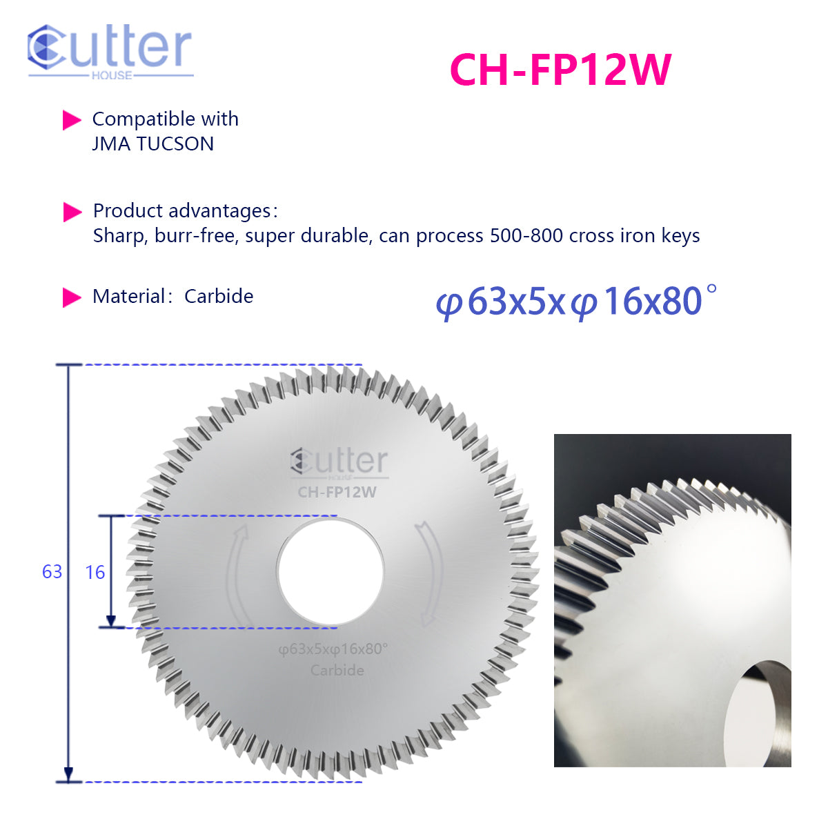 FP12 φ63x5xφ16x80° Carbide Angle Milling Cutter compatible with JMA / ILCO