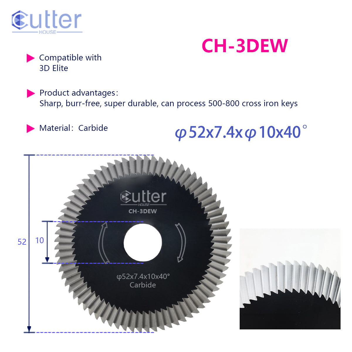 φ52x7.4xφ10x40° Carbide Angle Milling Cutter compatible with 3D Elite