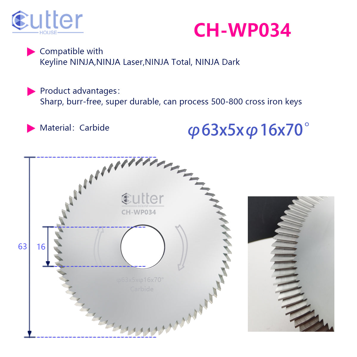WP034 φ63x5.0xφ16x70° Carbide Angle Milling Cutter compatible with Keyline NINJA