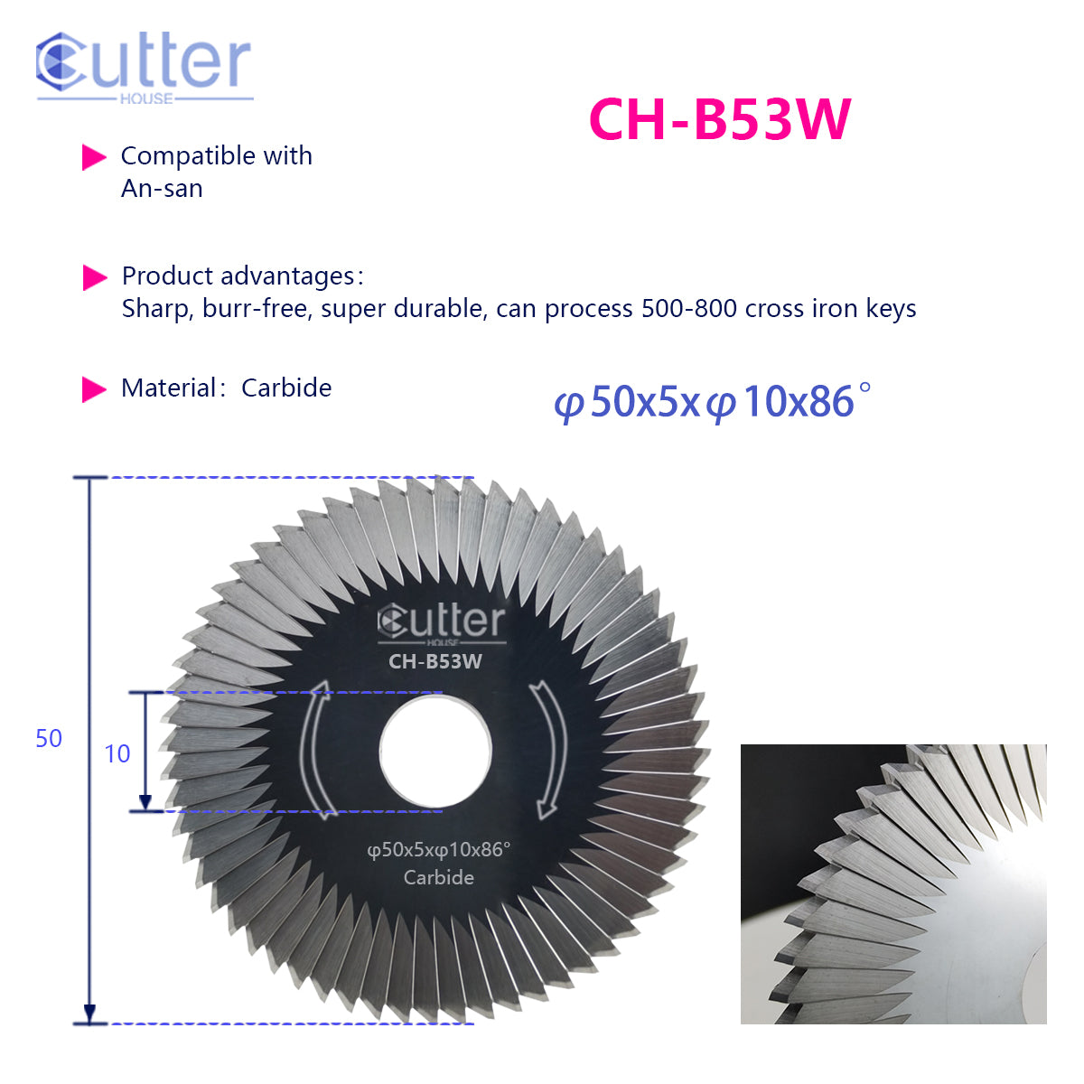 B53 φ50x5xφ10x86° Carbide Angle Milling Cutter compatible with An-san