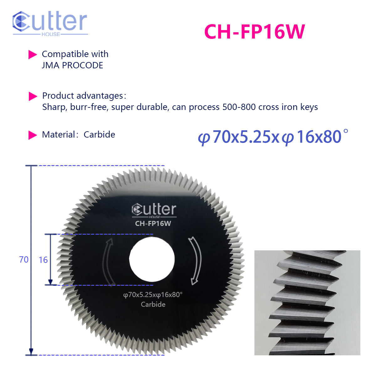 FP16 φ70x5.25xφ16x80° Carbide Angle Milling Cutter compatible with JMA