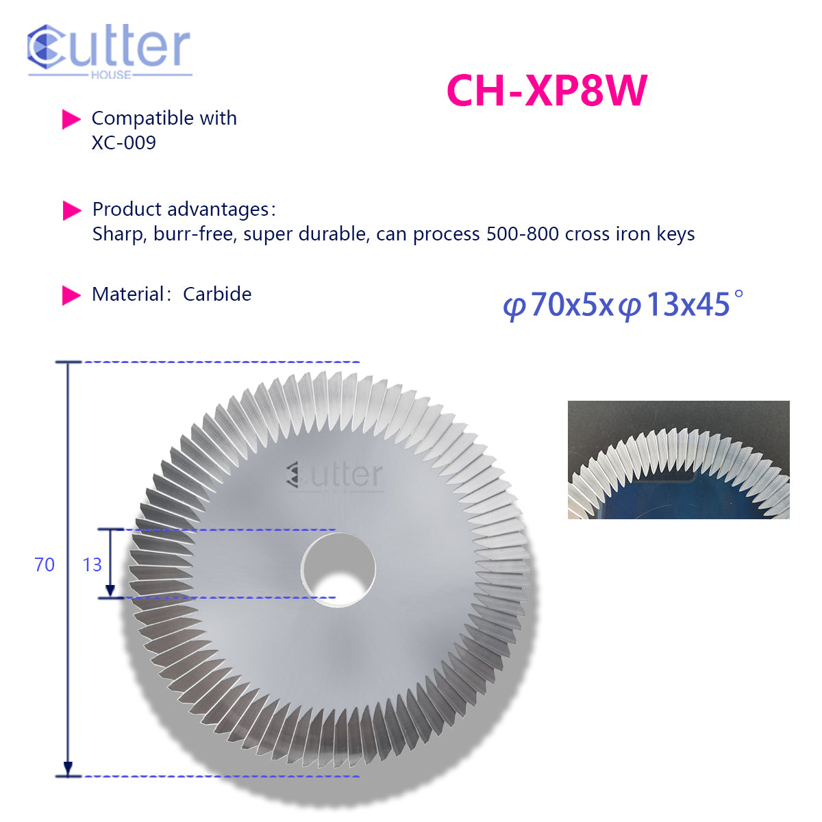 XP8 φ70x5xφ13x45° Carbide Angle Milling Cutter compatible with Xhorse XC-009