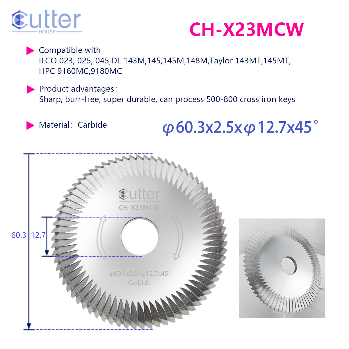 X23MC φ60.3x2.5xφ12.7x45° Carbide Angle Milling Cutter compatible with ILCO / HPC