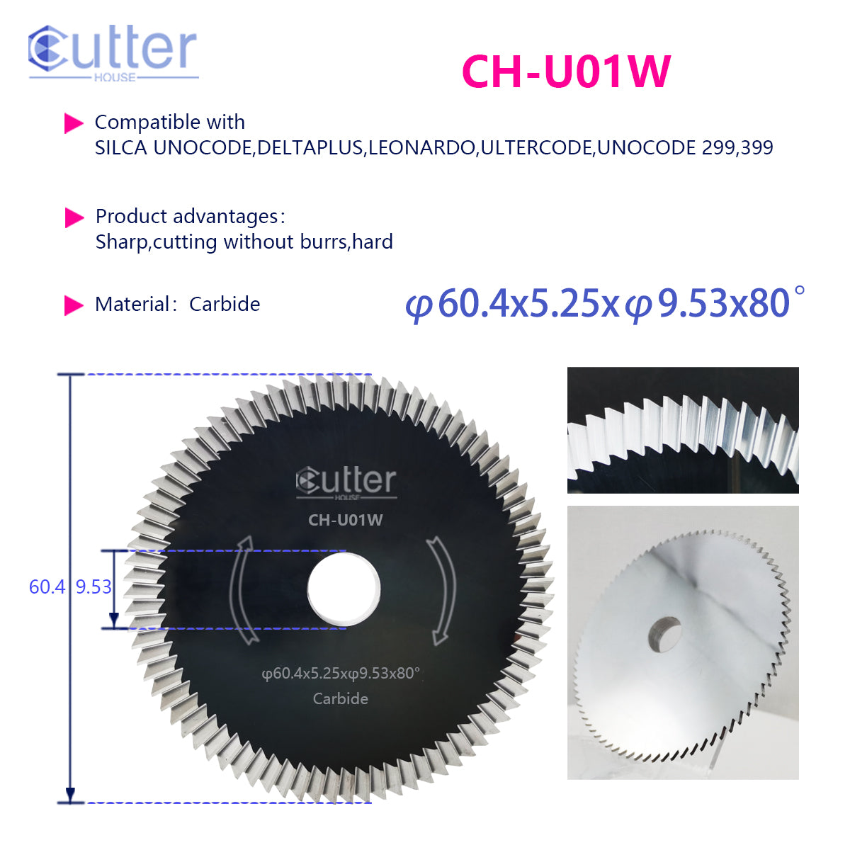 U01 φ60.4x5.25xφ9.53x80° Carbide Angle Milling Cutter compatible with SILCA