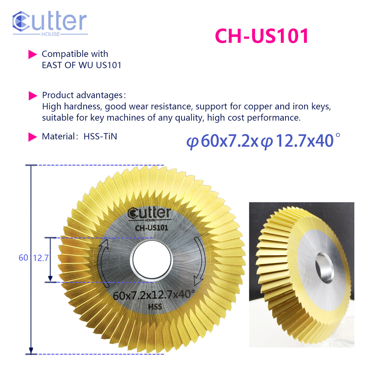 US101 φ60x7.2xφ12.7x40° HSS-TiN Angle Milling Cutter compatible with +-x÷
