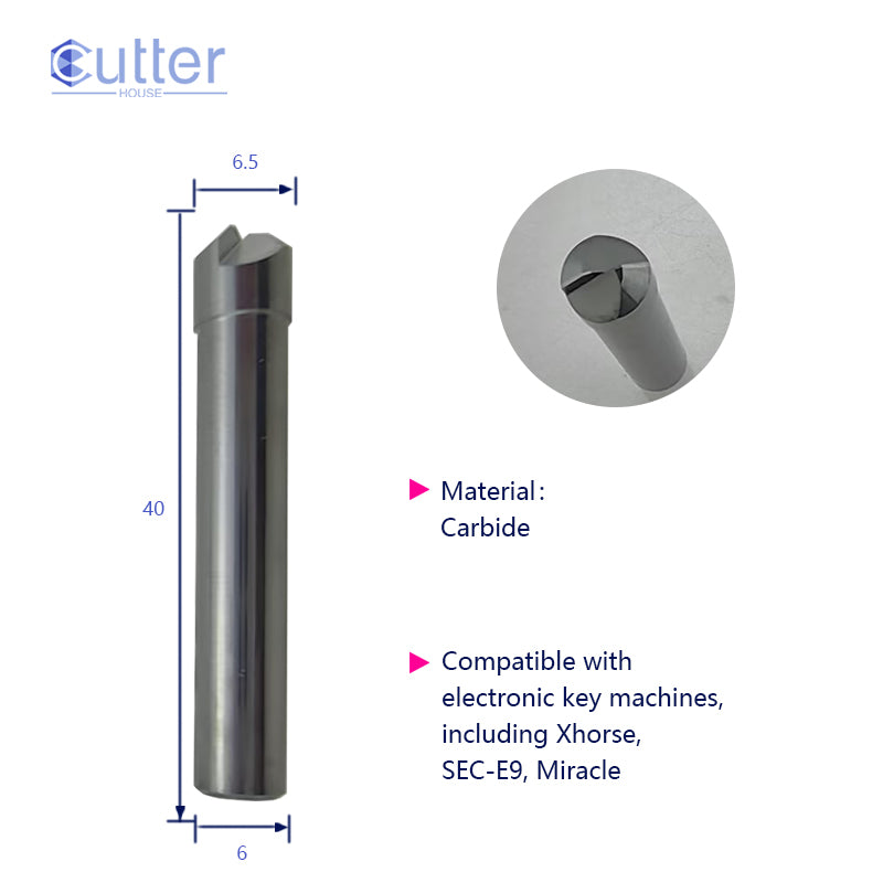 φ6.5xD6x40Lx100°x2T Carbide Dimple Cutter compatible with Electronic Key Cutting Machines