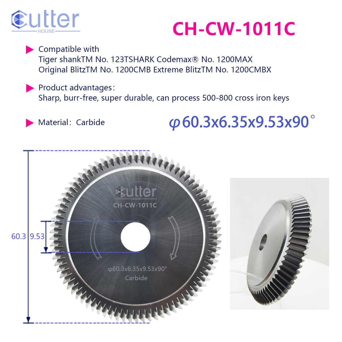 CW-1011 φ60.3x6.35/7.5xφ9.53x90° Carbide Angle Milling Cutter compatible with HPC