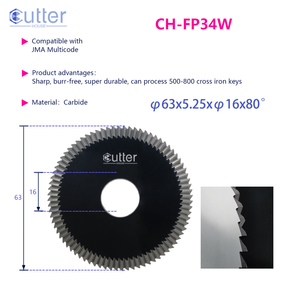 FP34 φ63x5.25xφ16x80° Carbide Angle Milling Cutter compatible with JMA Multicode