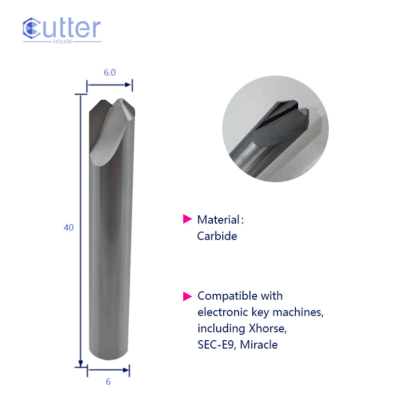 D6x95°x40Lx2T Carbide Dimple Cutter compatible with Electronic Key Cutting Machines