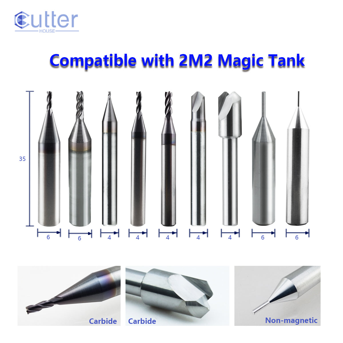 D4x90°x35Lx2T Carbide Dimple Cutter compatible with 2M2 Magic Tank