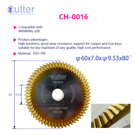 0016 φ60x7.0xφ9.53x80° HSS-TiN Angle Milling Cutter compatible with WENXING