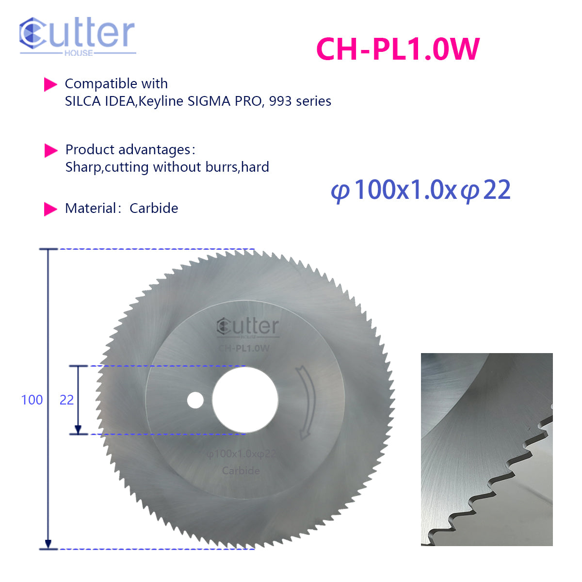 PL1.0 φ100x1.0xφ22 Carbide Flat Slotter compatible with SILCA / Keyline