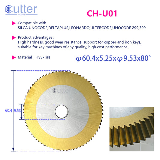 U01 φ60.4x5.25xφ9.53x80° HSS-TiN Angle Milling Cutter compatible with SILCA